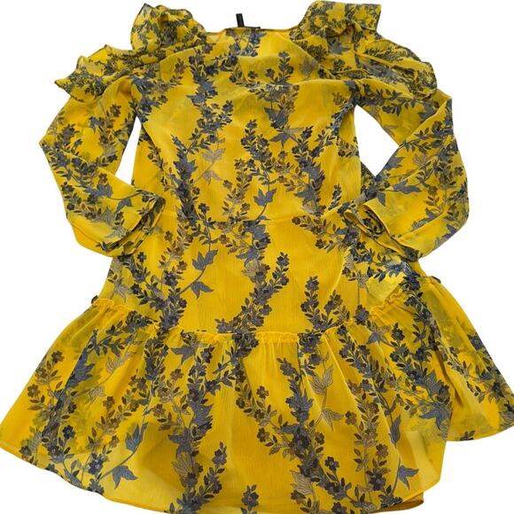 BCBGMaxAzria Dress Womens X Small Marigold Yellow Blue Floral Cold Shoulder Mini - Picture 6 of 12
